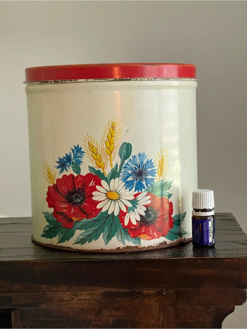 Vintage Floral Tin Canister with Red Lid